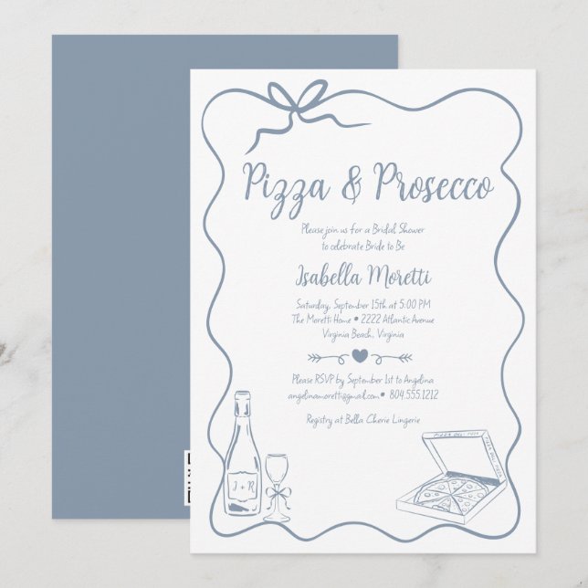 Invitación a la ducha de novia Pizza y Prosecco (Anverso / Reverso)