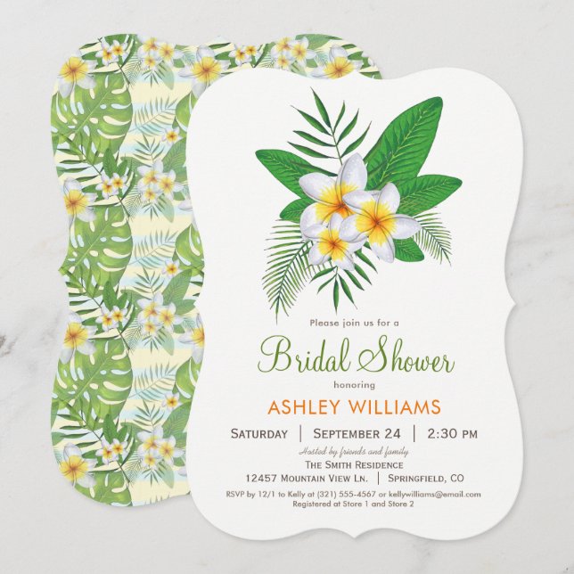 Invitación a la ducha de novia plumeria tropical (Anverso / Reverso)