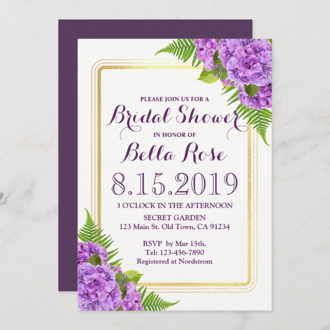 Invitación a la ducha de novia Purple Hydrangeas F (Anverso / Reverso)