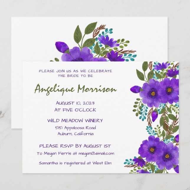Invitación a la ducha de novia púrpura con motivos (Anverso / Reverso)