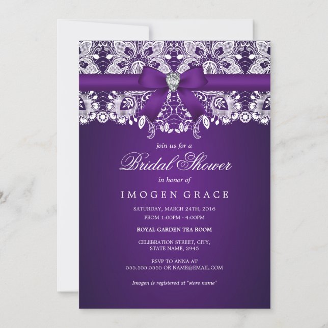 Invitación a la ducha de novia púrpura de encaje y (Anverso)