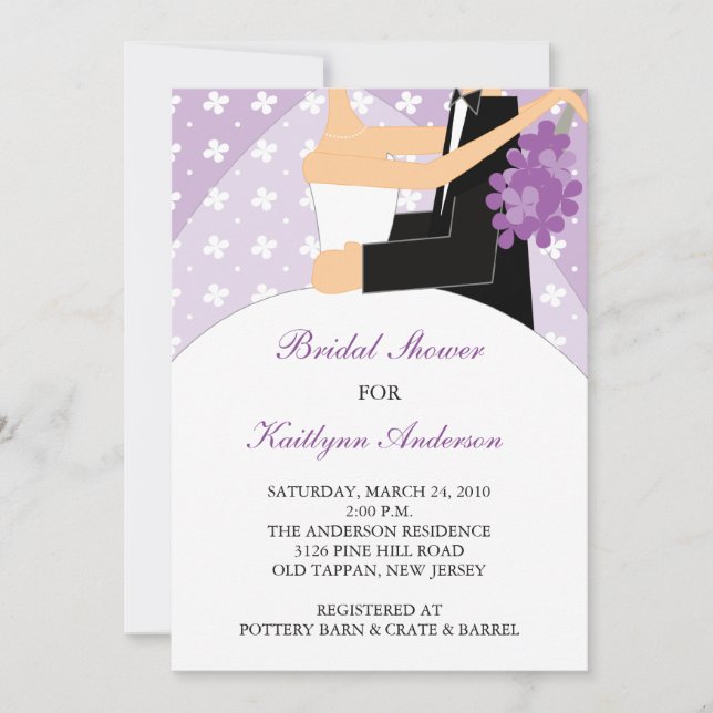 Invitación a la ducha de novia púrpura y blanca (Anverso)