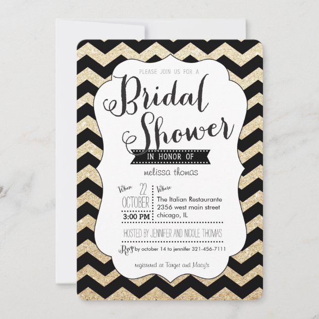 Invitación a la ducha de novia Purpurina y Chevron (Anverso)