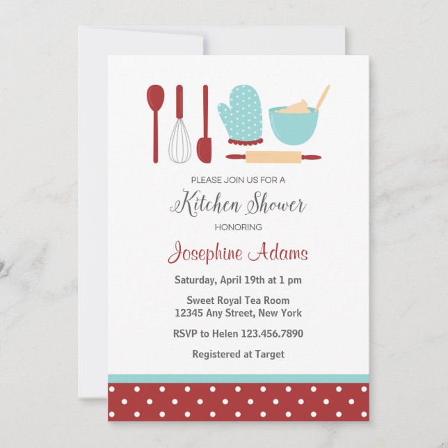 Invitación a la ducha de novia roja y azul (Anverso)
