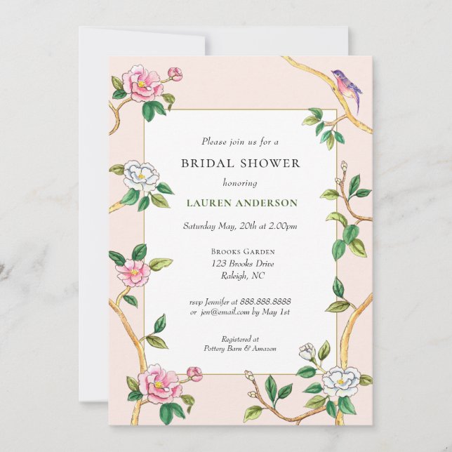 Invitación a la ducha de novia rosa Chinoiserie fl (Anverso)