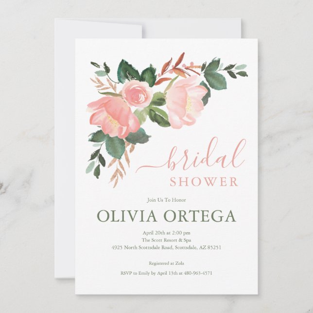 Invitación a la ducha de novia Rosa de Rubor (Anverso)
