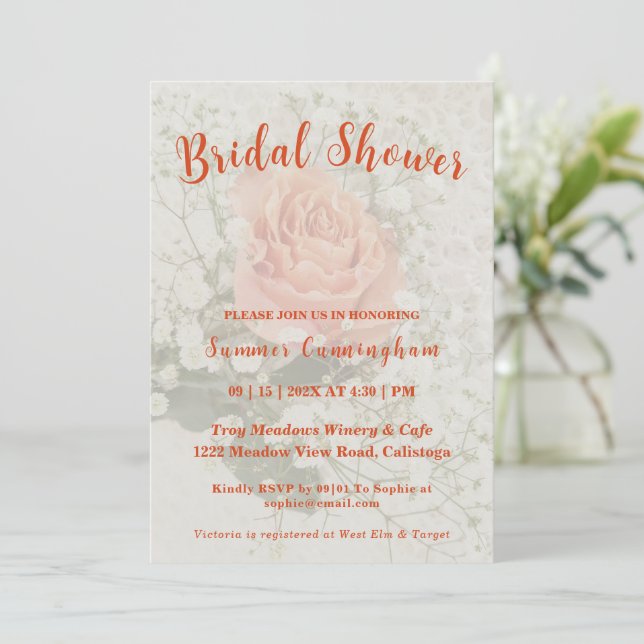 Invitación a la ducha de novia Rosa naranja (Anverso de pie)