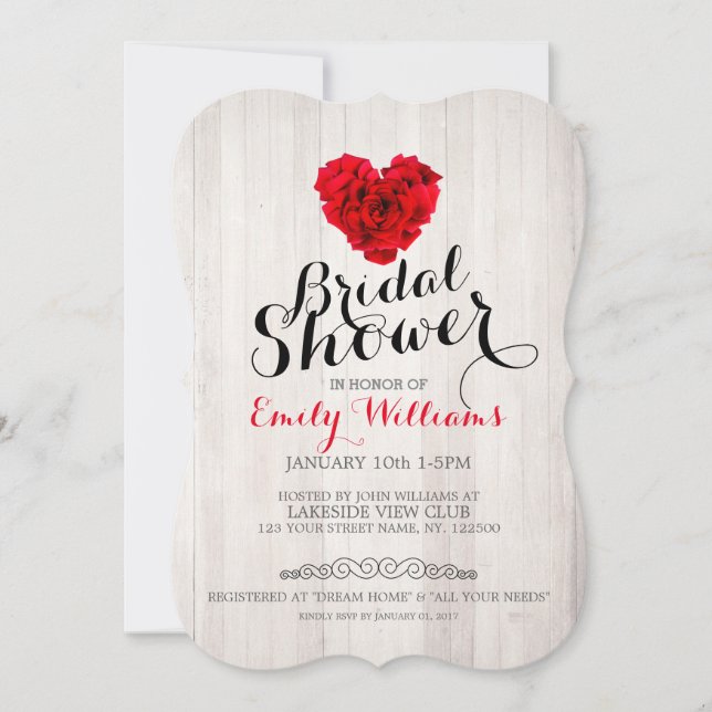Invitación a la ducha de novia rosa roja (Anverso)