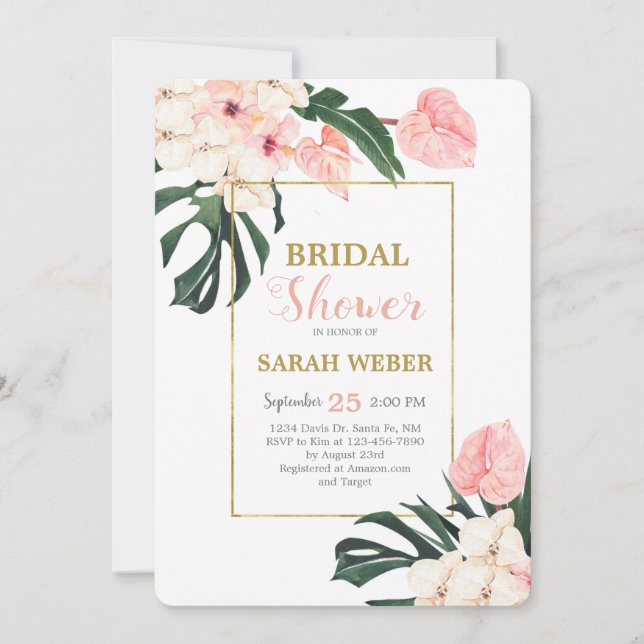 Invitación a la ducha de novia rosa tropical (Anverso)