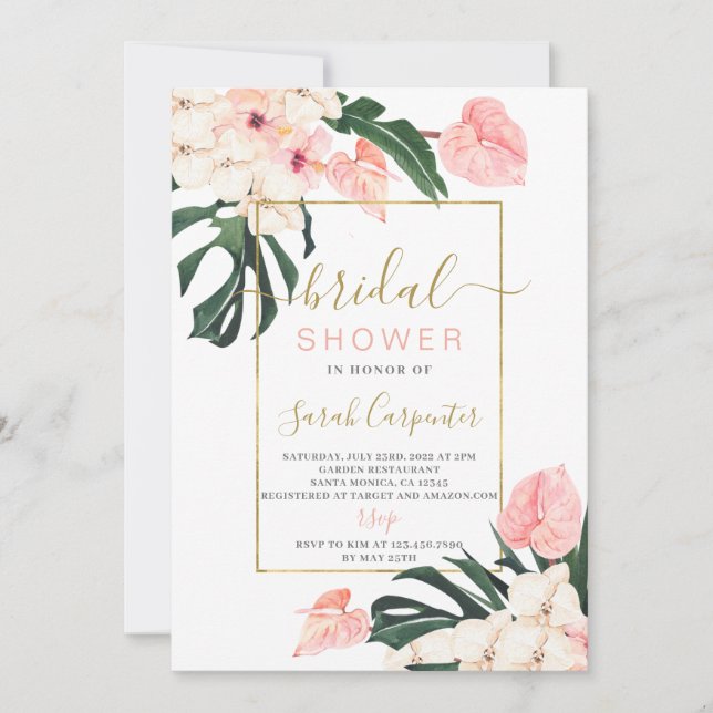 Invitación a la ducha de novia rosa tropical (Anverso)