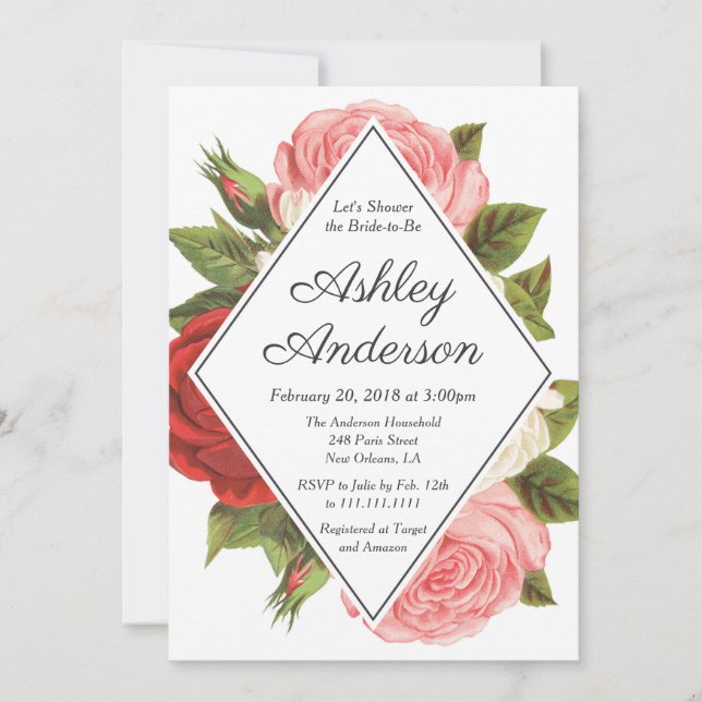Invitación a la ducha de novia rosa y rosa rojo vi (Anverso)