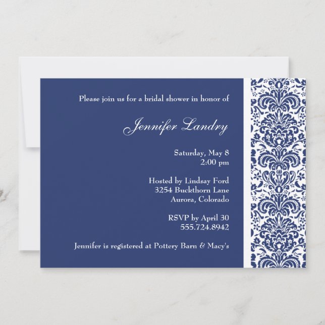 Invitación a la ducha de novia Royal Blue Damask (Anverso)