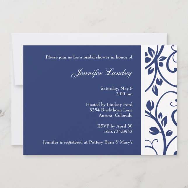 Invitación a la ducha de novia Royal Blue Floral V (Anverso)