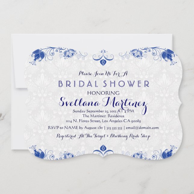 Invitación a la ducha de novia Royal Blue & White  (Anverso)
