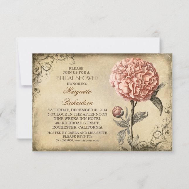 invitación a la ducha de novia rústica de peonía r (Anverso)