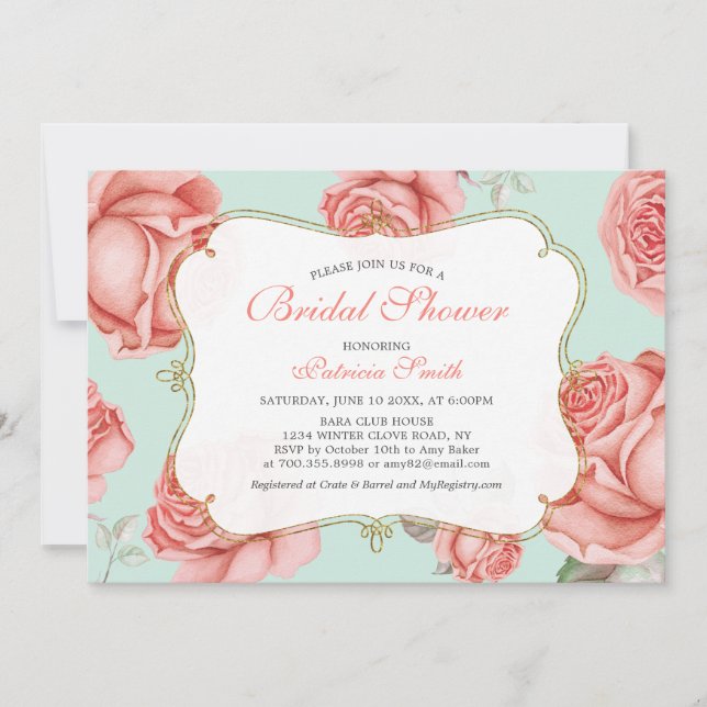 Invitación a la ducha de novia Shabby Chic Mint &  (Anverso)