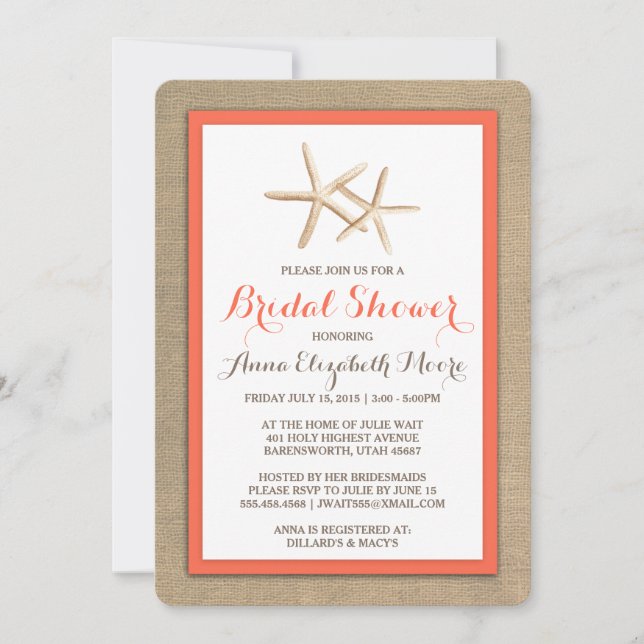 Invitación a la ducha de novia Starfish Burlap Bea (Anverso)