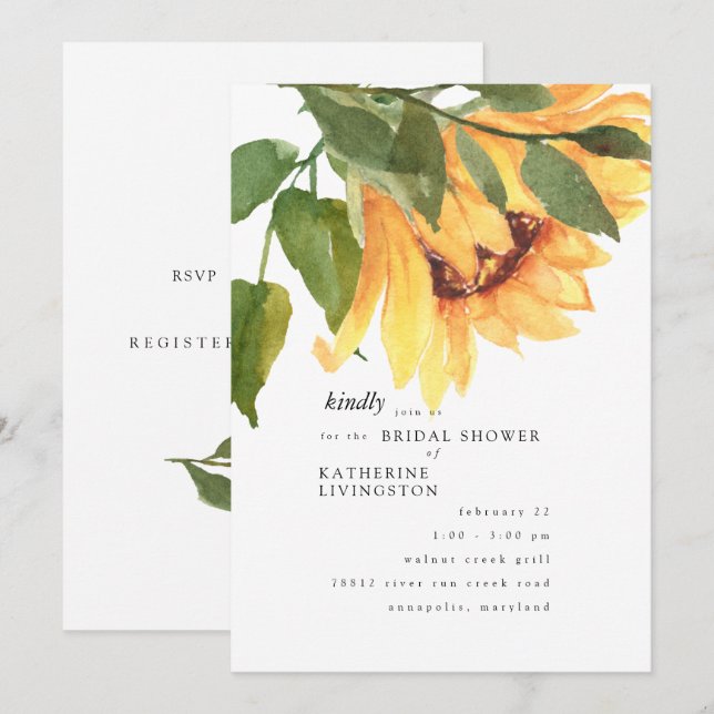 Invitación a la ducha de novia Sunflower Watercolo (Anverso / Reverso)