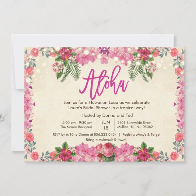 Invitación a la ducha de novia tropical Aloha Luau (Anverso)