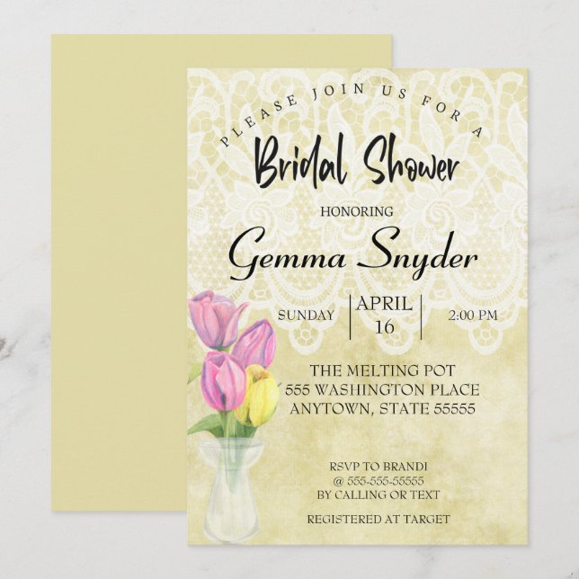 Invitación a la ducha de novia TULIP, boda de Tuli (Anverso / Reverso)