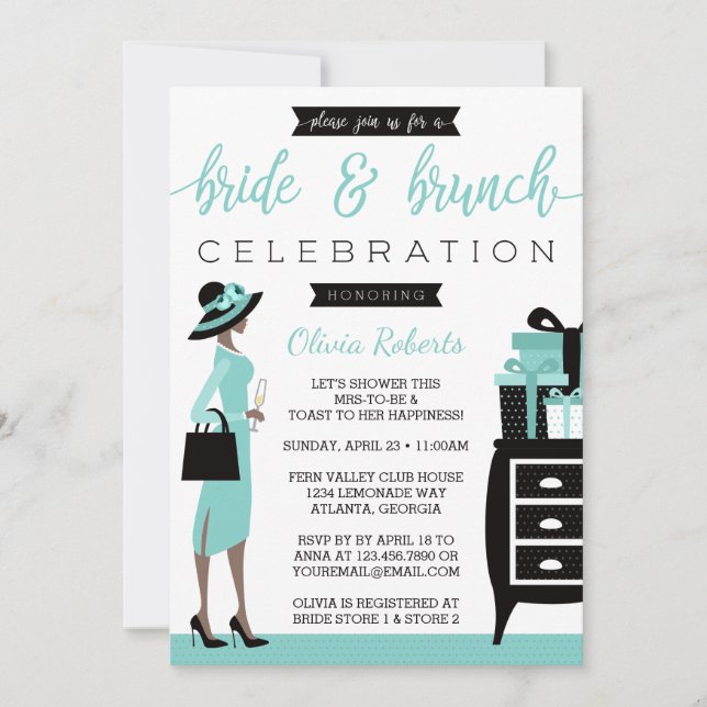 Invitación a la ducha de novia y Brunch, azul, neg (Anverso)