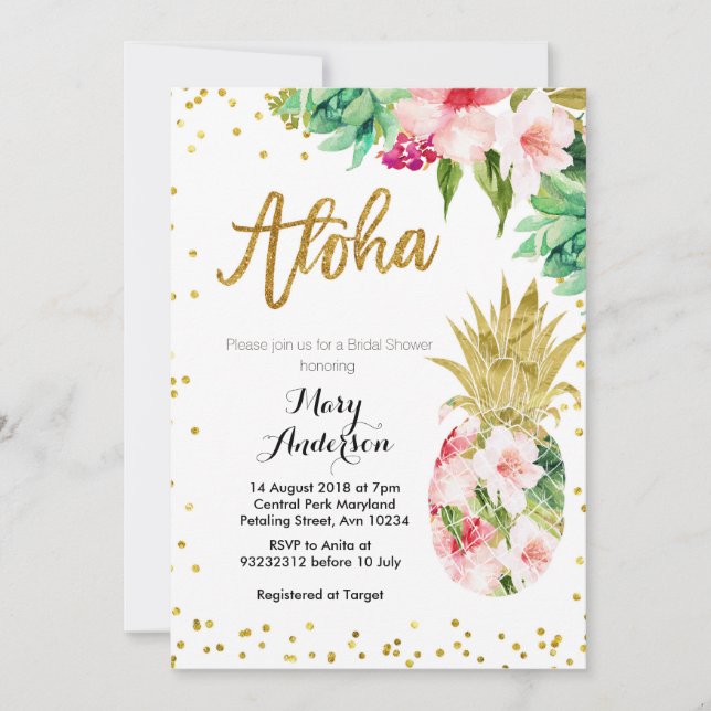 Invitación a la ducha de novias Aloha Gold Pineapp (Anverso)
