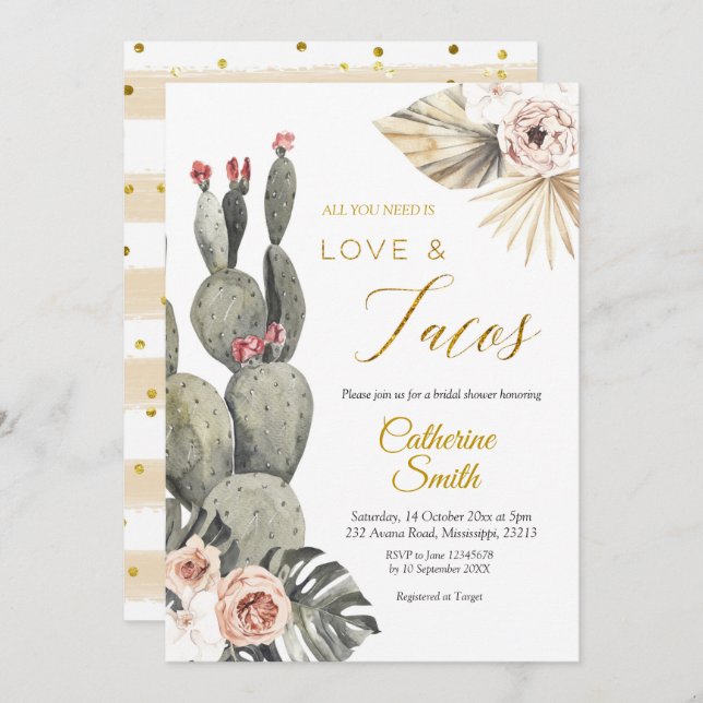 Invitación a la ducha de novias Boho Cactus Love y (Anverso / Reverso)