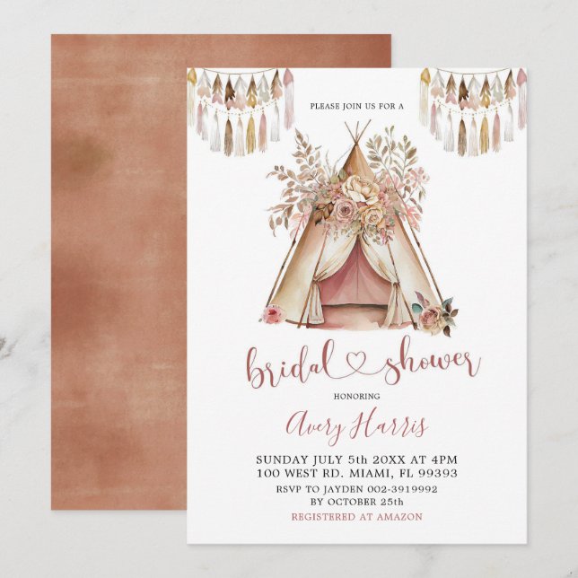 Invitación a la ducha de novias Boho Teepee (Anverso / Reverso)