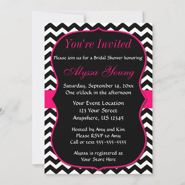 Invitación a la ducha de novias Chevron negro y ro (Anverso)