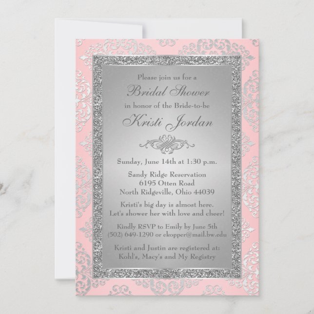 Invitación a la ducha de novias color rosa, platea (Anverso)