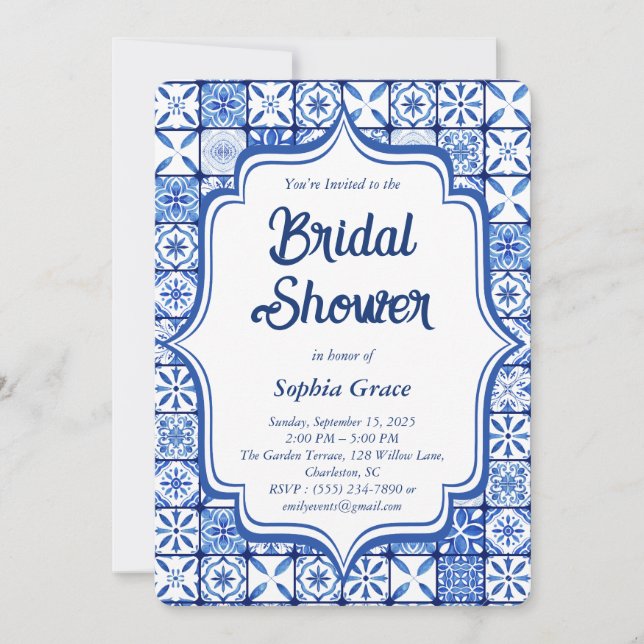 Invitación a la ducha de novias con azulejos medit (Anverso)