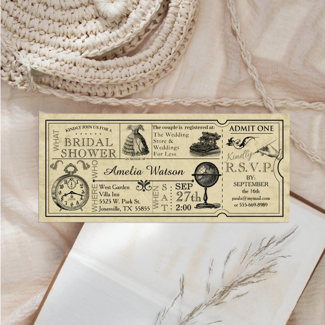 Invitación a la ducha de novias con boletos de cos (Vintage illustrations and typography ticket bridal shower invitation )