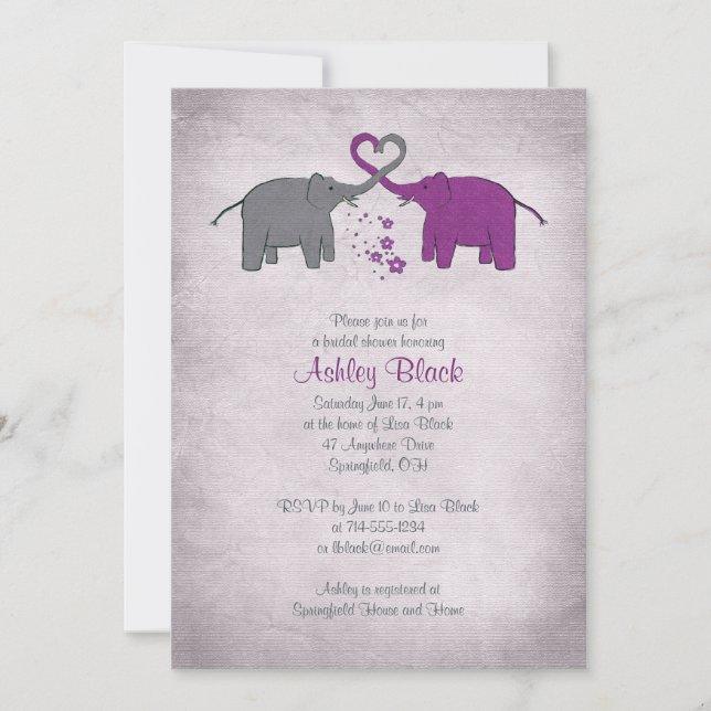 Invitación a la ducha de novias con elefante morad (Anverso)