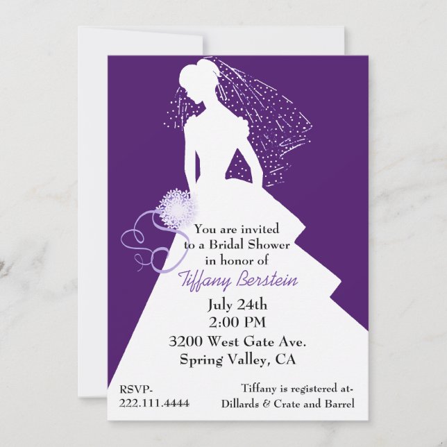 Invitación a la ducha de novias con estilo morado  (Anverso)