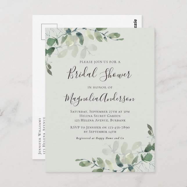 Invitación a la ducha de novias con eucalipto verd (Anverso / Reverso)