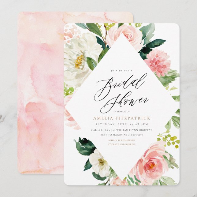 Invitación a la ducha de novias con flores blancas (Anverso / Reverso)