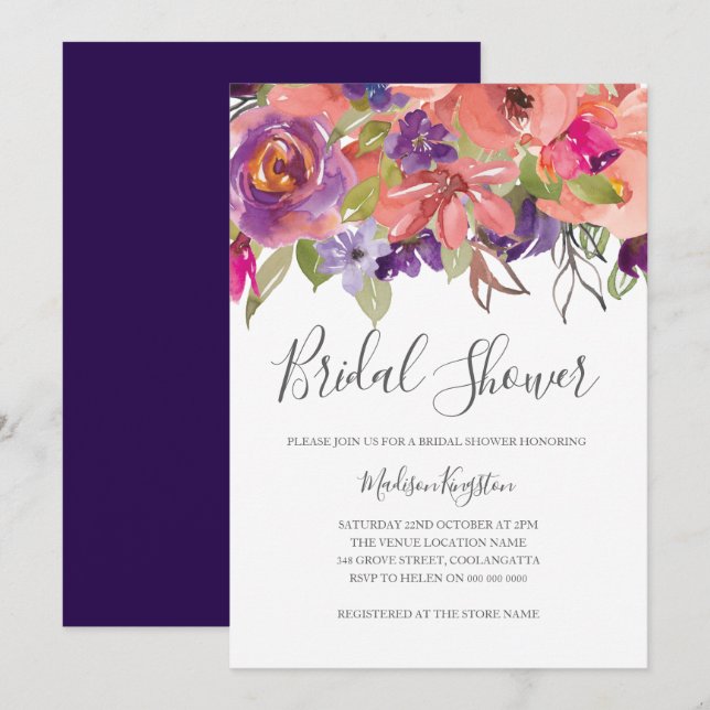 Invitación a la ducha de novias con flores de colo (Anverso / Reverso)