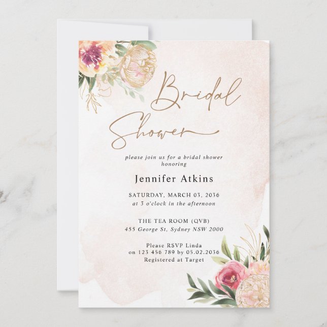 Invitación a la ducha de novias con flores de oro  (Anverso)
