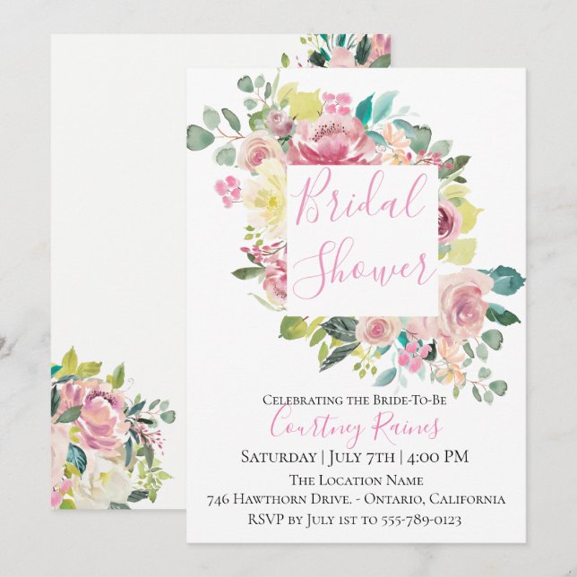 Invitación a la ducha de novias con flores de vera (Anverso / Reverso)
