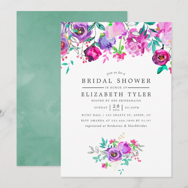 Invitación a la ducha de novias con flores moradas (Anverso / Reverso)