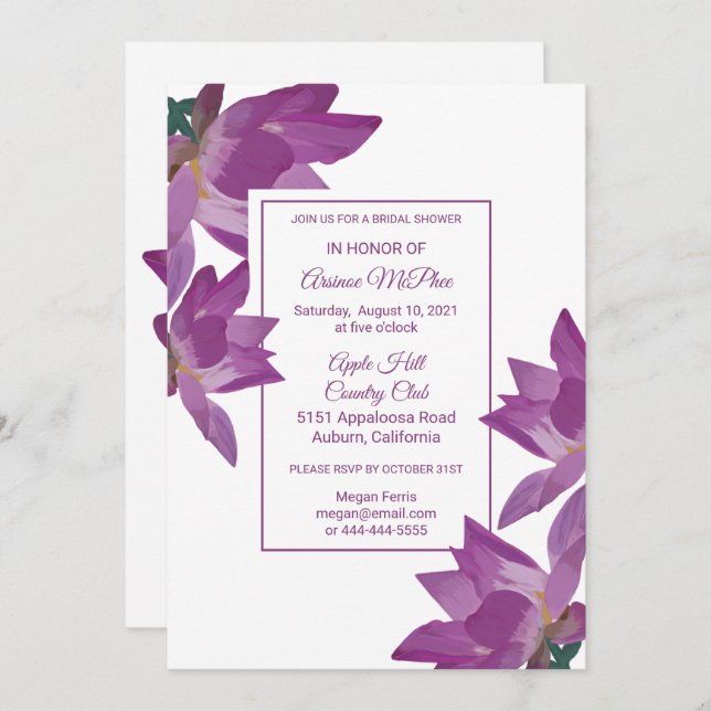 Invitación a la ducha de novias con flores pintada (Anverso / Reverso)