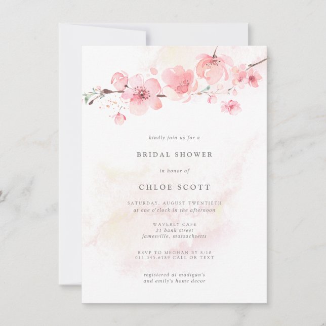 Invitación a la ducha de novias con flores rosadas (Anverso)