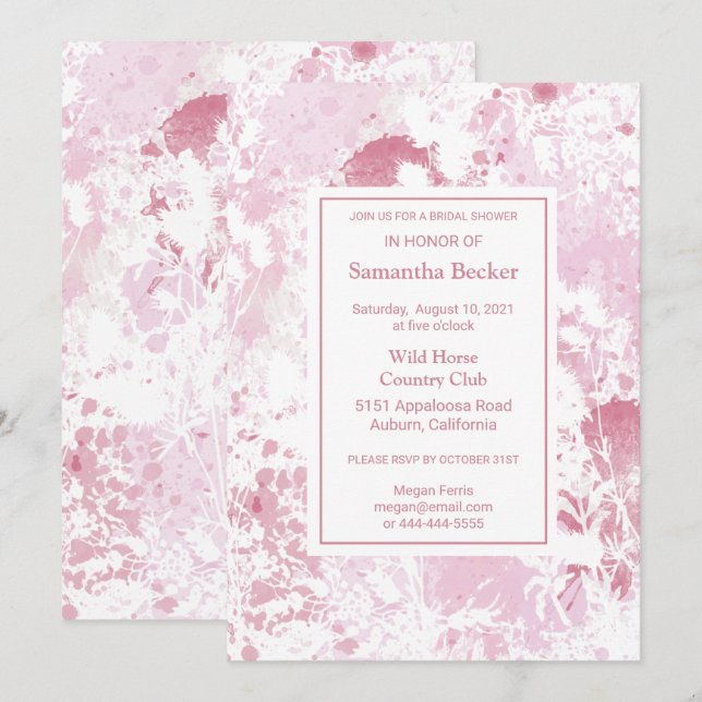 Invitación a la ducha de novias con flores rosadas (Anverso / Reverso)
