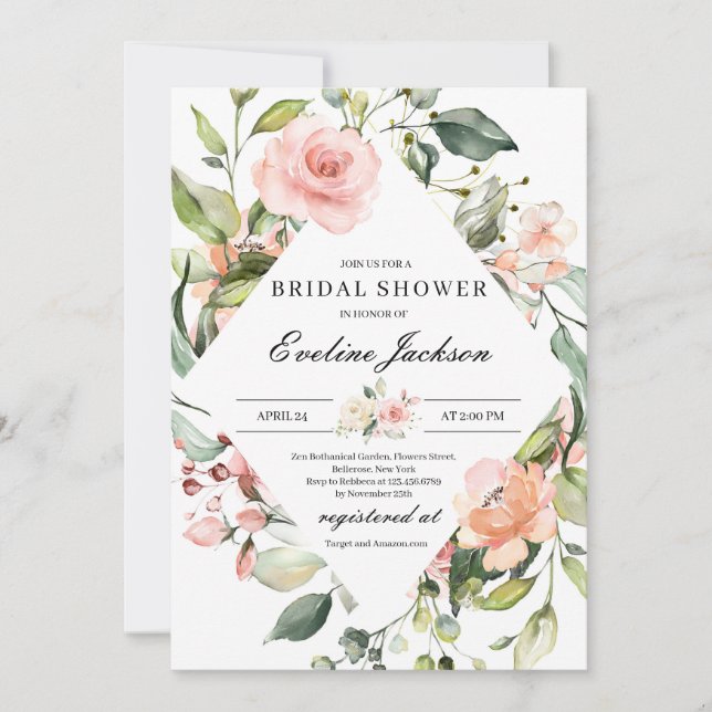 Invitación a la ducha de novias con flores rosadas (Anverso)