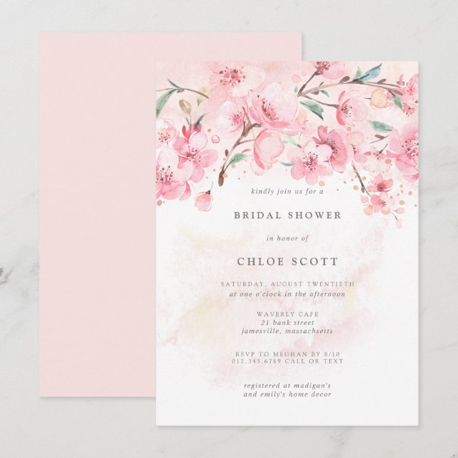 Invitación a la ducha de novias con flores rosadas (Anverso / Reverso)