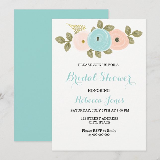 Invitación a la ducha de novias con flores Verde a (Anverso / Reverso)