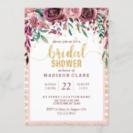 Invitación a la ducha de novias con flores y oro d