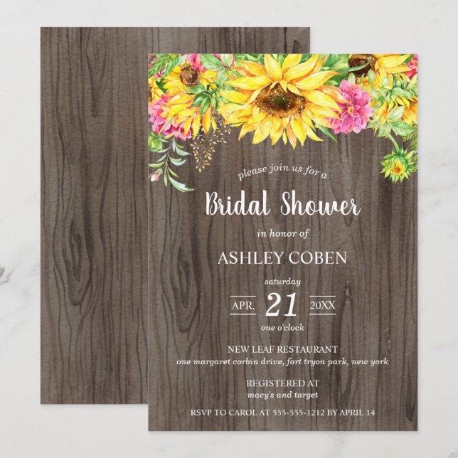 Invitación a la ducha de novias con girasoles en m (Anverso / Reverso)