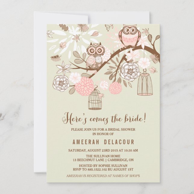 Invitación a la ducha de novias con lechuzas rosad (Anverso)