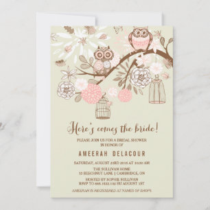Invitación a la ducha de novias con lechuzas rosad